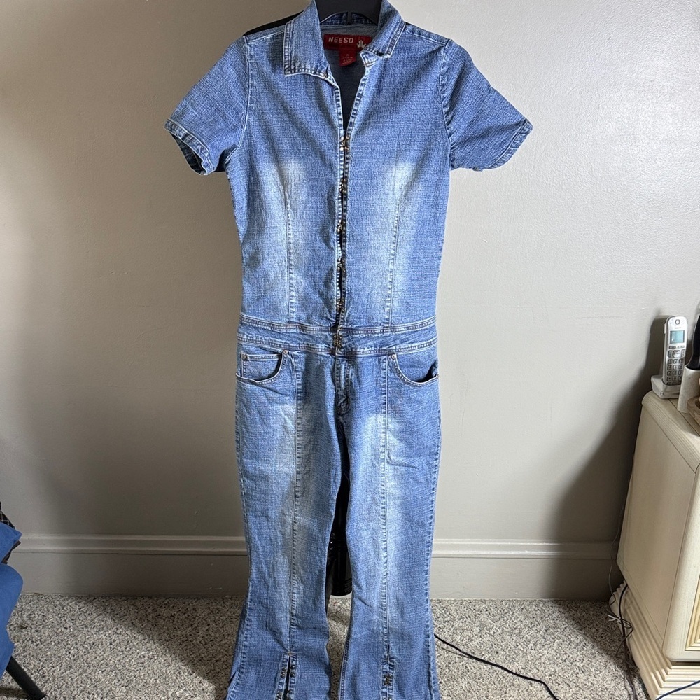 NEESO Jeans Denim Short Sleeve Jumpsuit Blue Distressed Look Sz 15 Juniors